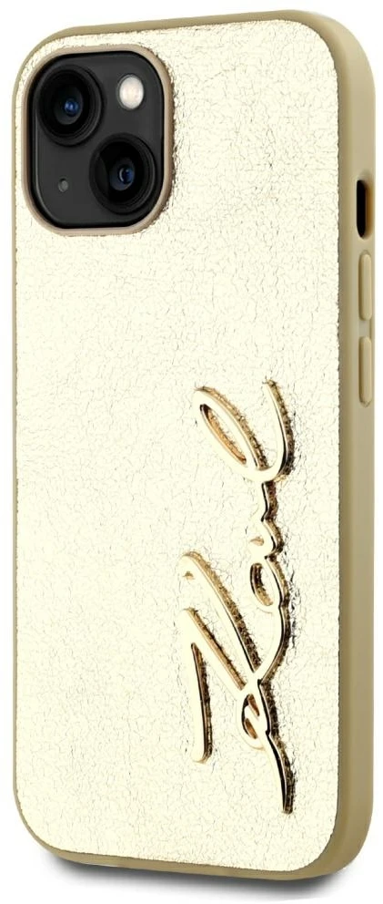 Dėklas Karl Lagerfeld Wrinkled Metal Signature Apple iPhone 15 auksinis