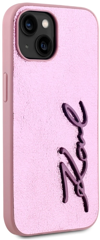 Dėklas Karl Lagerfeld Wrinkled Metal Signature Apple iPhone 15 rožinės spalvos