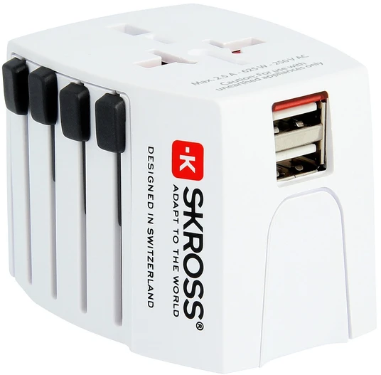 Kelioninis tinklo adapteris 230V 2.5A, 2x USB MUV kištukai AU/CN/UK/US/IT - lizdai EU/AU/UK/US (be įžeminimo) SKROSS