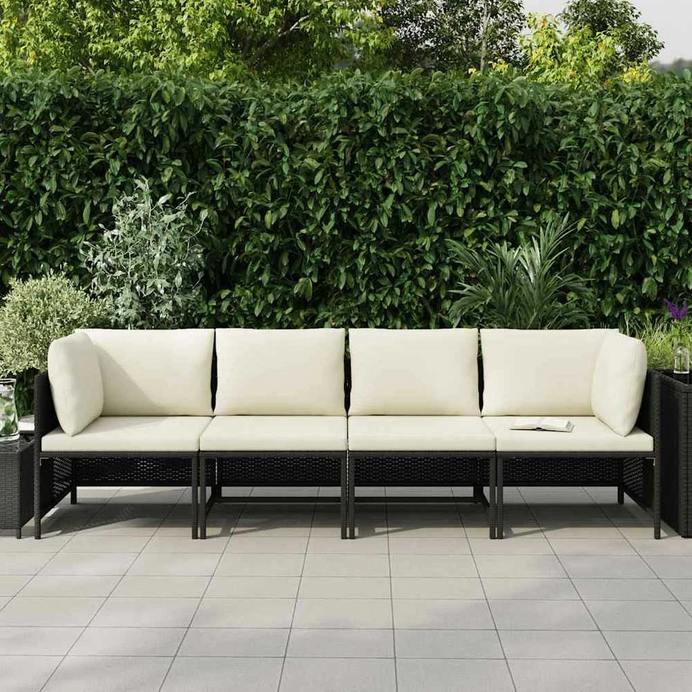 Keturvietė sodo sofa su pagalvėlėmis, juoda, poliratanas