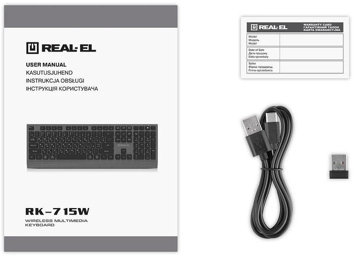 Klaviatūra REAL-EL RK-715W juodos spalvos, belaidė