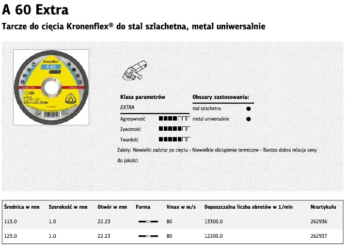 KLINGSPOR TARCZA DO CIĘCIA METALU 115mm x 1,0mm 22,2mm A60 Extra