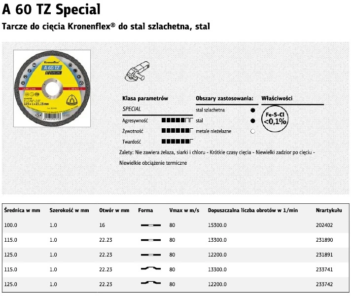 KLINGSPOR METALO PJOVIMO DISKAI 125 mm x 1,0 mm x 22,2 mm A60 TZ Special