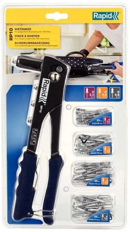 Kniediklis aliuminėms kniedėms 3,2-4,8mm Rapid RP10 + 100 kniedžių