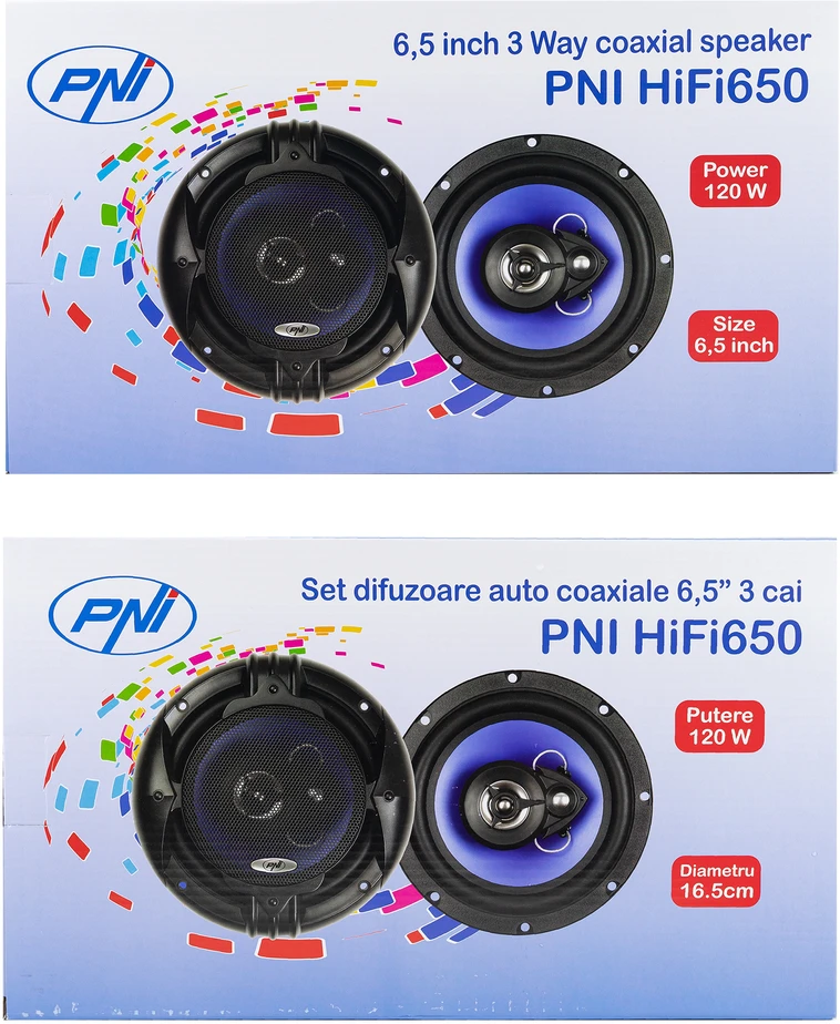 Koaksialiniai automobilių garsiakalbiai PNI HiFi650, 120W, 16.5 cm, 3 juostų, komplekte su grotelėmis, 2 vnt.