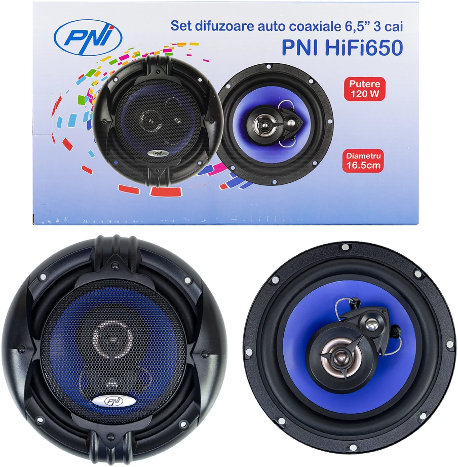 Koaksialiniai automobilių garsiakalbiai PNI HiFi650, 120W, 16.5 cm, 3 juostų, komplekte su grotelėmis, 2 vnt.