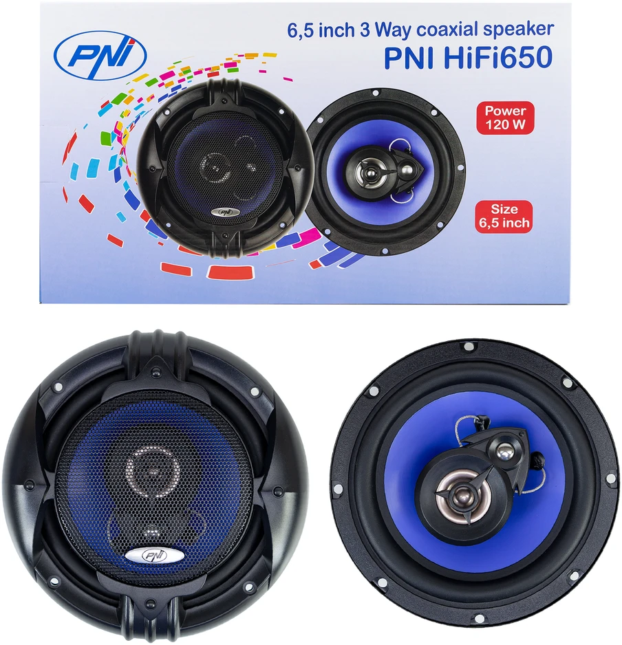 Koaksialiniai automobilių garsiakalbiai PNI HiFi650, 120W, 16.5 cm, 3 juostų, komplekte su grotelėmis, 2 vnt.