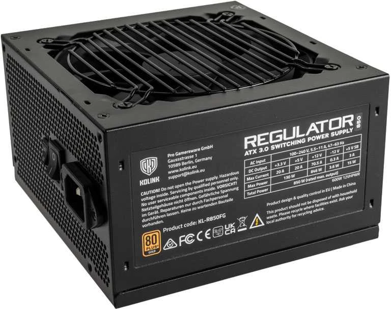 „Kolink Regulator 80 PLUS Gold“ maitinimo blokas, ATX 3.0, PCIe 5.0, modulinis – 850 vatų