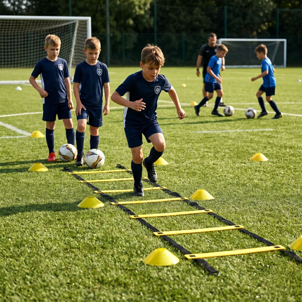 Koordinacijos ir vikrumo kopėčios pratimams 6 m, futbolo treniruočių rinkinys su kūgiais ir krepšiu, MOVEPRO