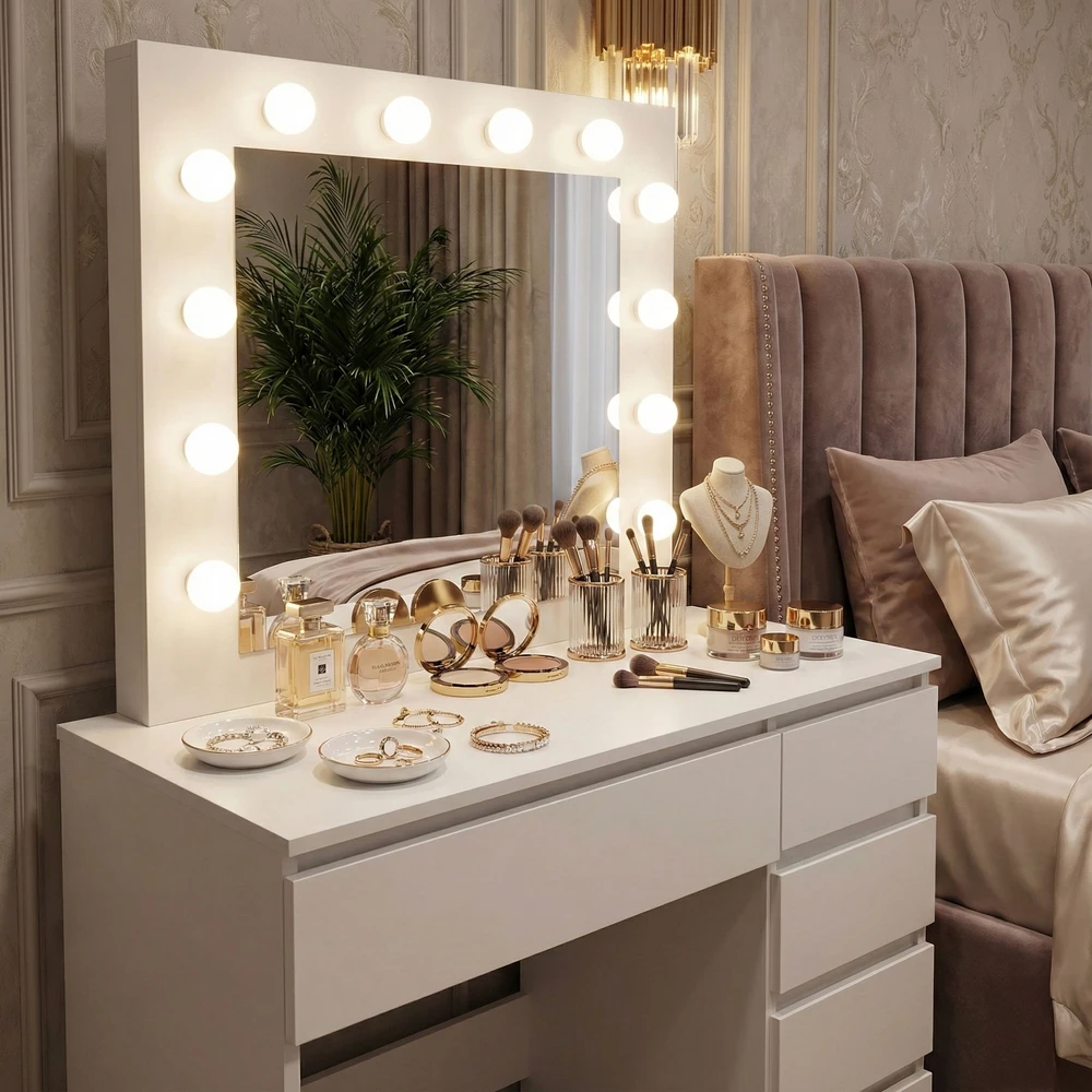 Kosmetinis staliukas su veidrodžiu ir apšvietimu, 5 stalčiai, kėdutė, ModernHome