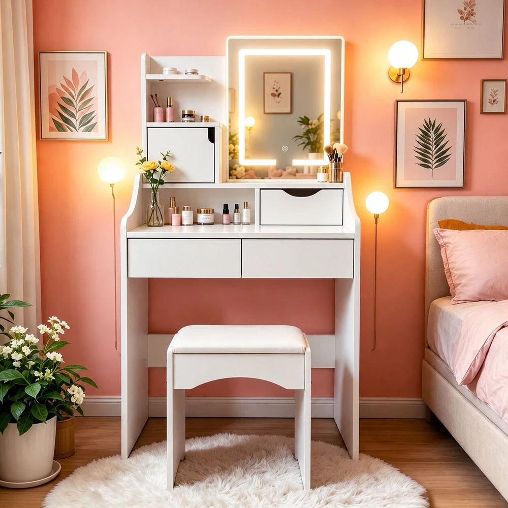 Kosmetikos staliukas su veidrodžiu ir LED apšvietimu ModernHome