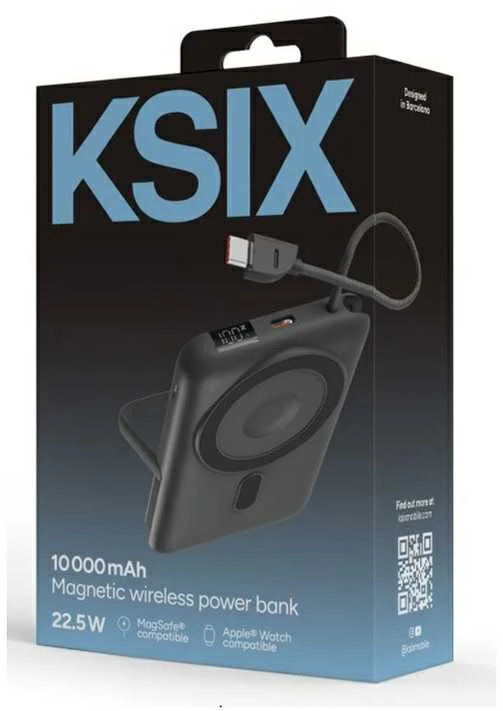 Ksix Magnetic Power Bank 10000 mAh, 22.5W, skirtas iPhone ir Apple Watch, Pilkas