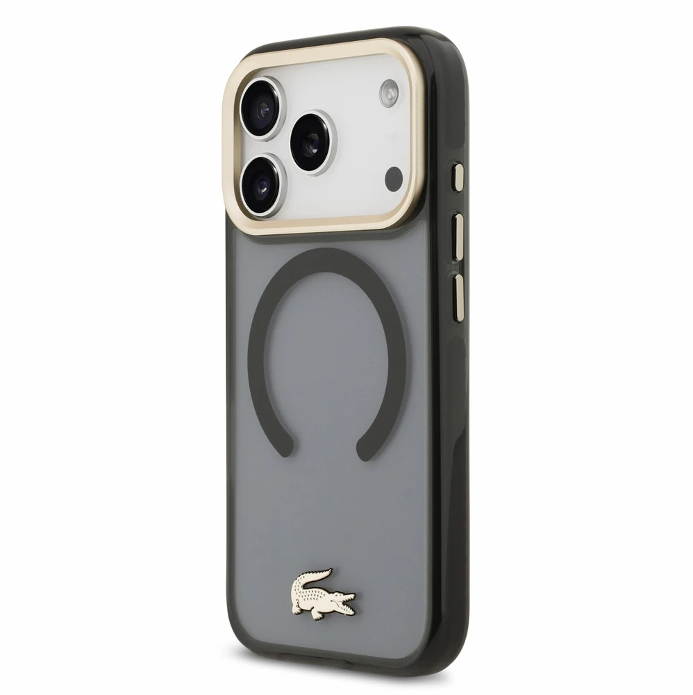 Lacoste IML Shockproof Petit Pique Gold Logo MagSafe dėklas skirtas iPhone 18 Pro juodos spalvos