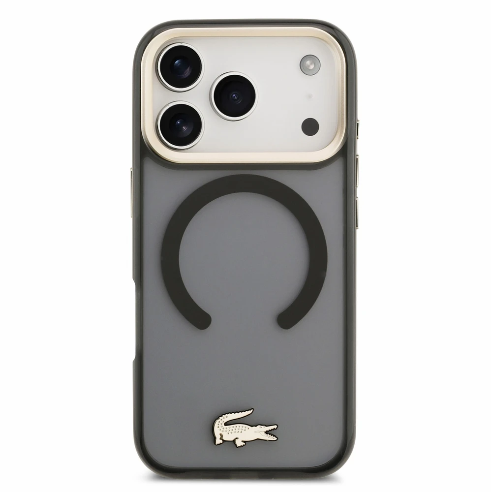 Lacoste IML Shockproof Petit Pique Gold Logo MagSafe dėklas skirtas iPhone 18 Pro juodos spalvos