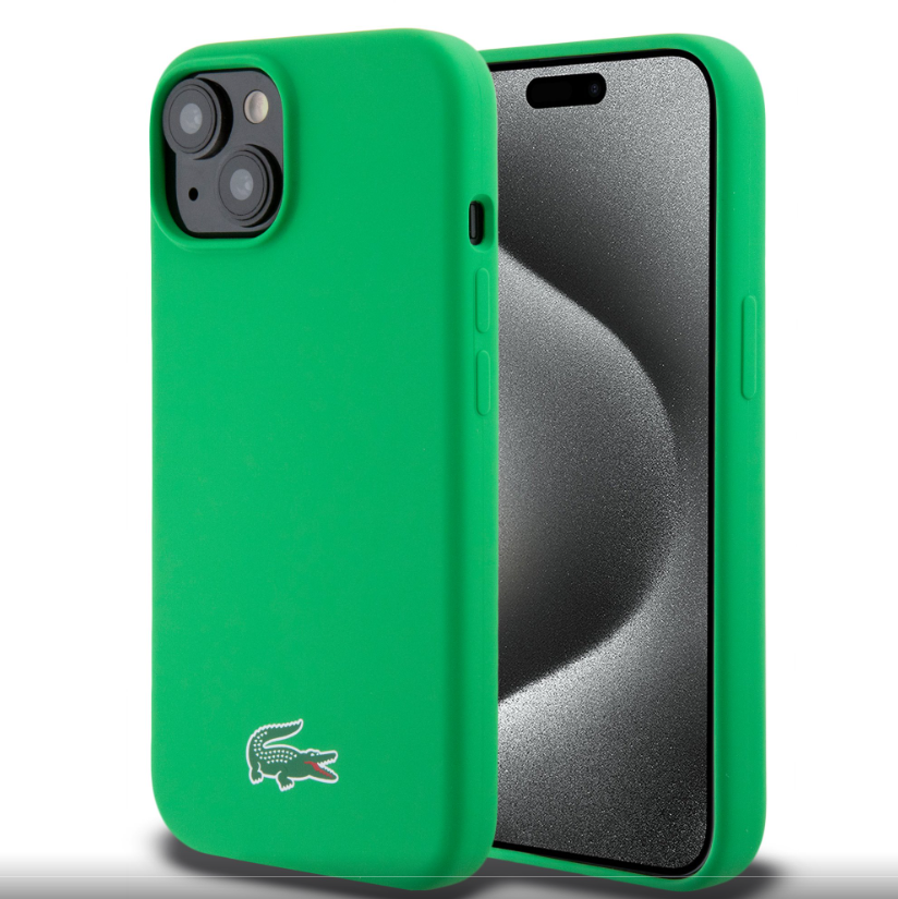 Lacoste Liquid Silicone Microfiber Croc Logo MagSafe dėklas skirtas Apple iPhone 15 žalios spalvos
