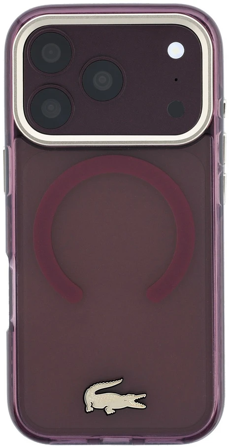 Lacoste PC/TPU matinis dėklas su auksiniu logotipu ir MagSafe funkcija, skirtas iPhone 18 Pro, bordo spalvos