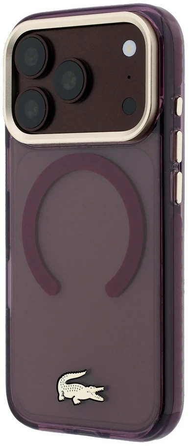 Lacoste PC/TPU matinis dėklas su auksiniu logotipu ir MagSafe funkcija, skirtas iPhone 18 Pro, bordo spalvos