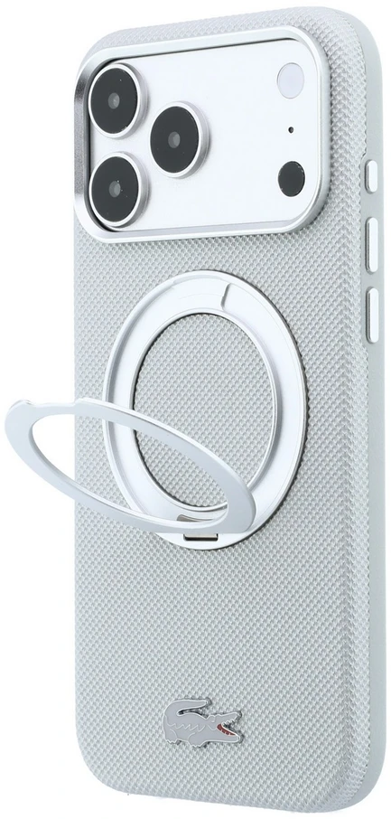 Lacoste PVC Petit Pique pusiau uždengiamas dėklas su žiediniu stovu ir MagSafe funkcija, skirtas iPhone 18 Pro, šviesiai pilkas
