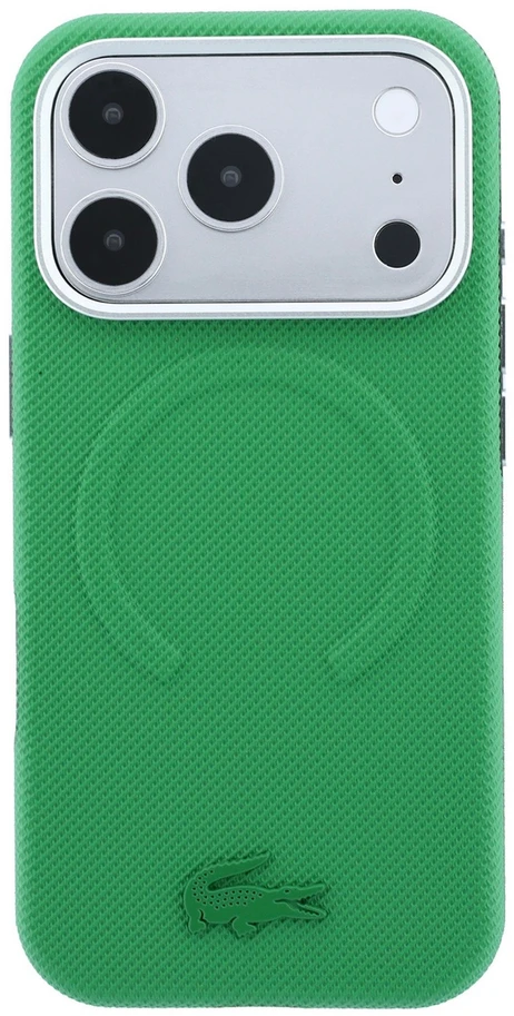 Lacoste PVC Petit Pique pusiau uždengiamas reljefinis MagSafe dėklas, skirtas iPhone 18 Pro, Estragon spalvos