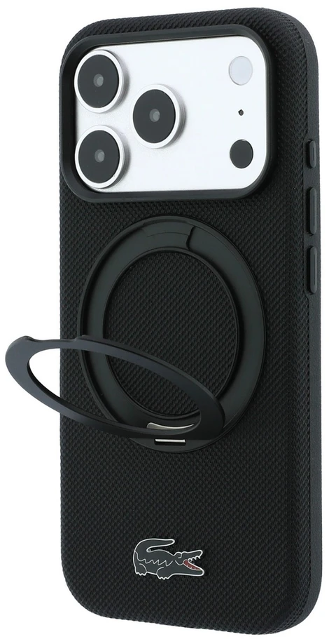 Lacoste PVC Petit Pique pusiau uždengiamas dėklas su žiediniu stovu ir MagSafe funkcija, skirtas iPhone 18 Pro Max, juodas