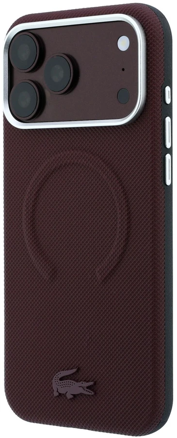 Lacoste PVC Petit Pique pusiau uždengiamas reljefinis MagSafe dėklas, skirtas iPhone 18 Pro, bordo spalvos