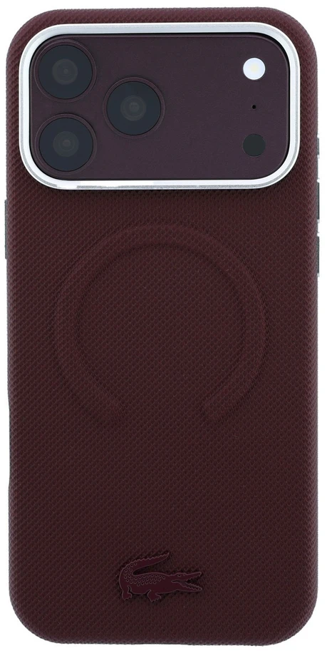 Lacoste PVC Petit Pique pusiau uždengiamas reljefinis MagSafe dėklas, skirtas iPhone 18 Pro Max, bordo spalvos