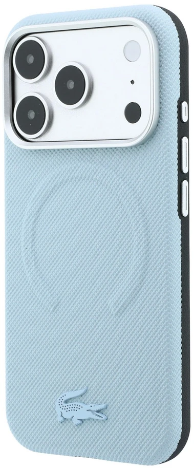 Lacoste PVC Petit Pique pusiau uždengiamas reljefinis MagSafe dėklas, skirtas iPhone 18 Pro, mėlynas