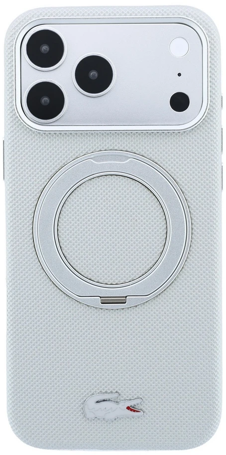Lacoste PVC Petit Pique pusiau uždengiamas dėklas su žiediniu stovu ir MagSafe funkcija, skirtas iPhone 18 Pro, šviesiai pilkas