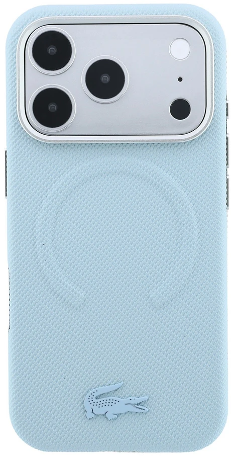 Lacoste PVC Petit Pique pusiau uždengiamas reljefinis MagSafe dėklas, skirtas iPhone 18 Pro, mėlynas