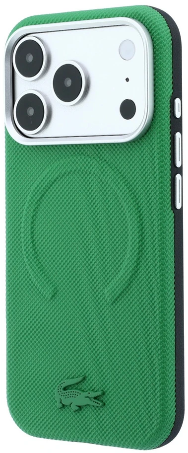 Lacoste PVC Petit Pique pusiau uždengiamas reljefinis MagSafe dėklas, skirtas iPhone 18 Pro, Estragon spalvos
