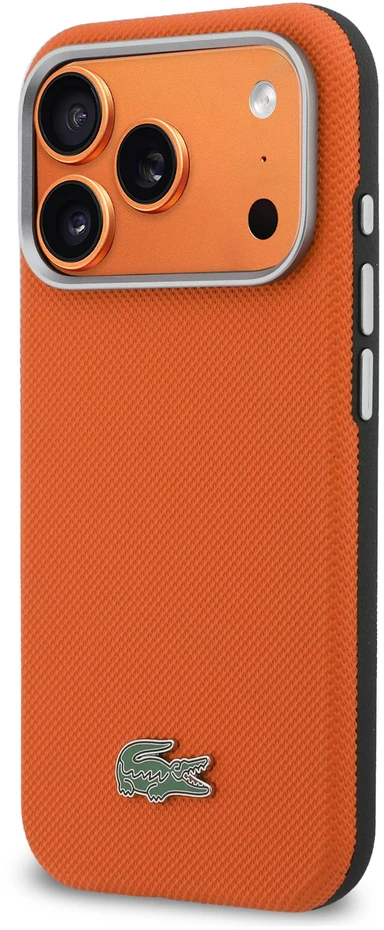 Lacoste PVC Petit Pique pusiau uždengiantis MagSafe dėklas, skirtas iPhone 17 Pro, oranžinis