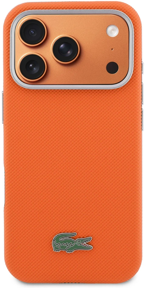 Lacoste PVC Petit Pique pusiau uždengiantis MagSafe dėklas, skirtas iPhone 17 Pro, oranžinis