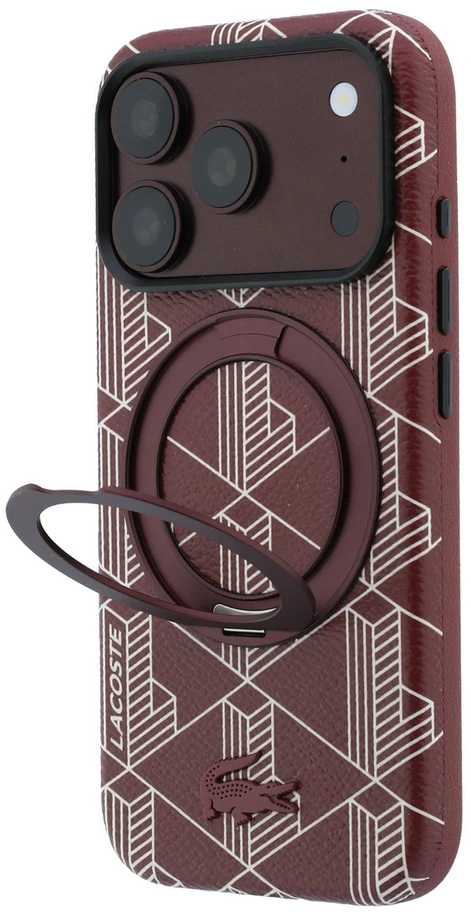 Lacoste PVC pusiau uždengiantis „Blend“ žiedinis stovas MagSafe dėklas, skirtas iPhone 18 Pro Max, bordo spalvos