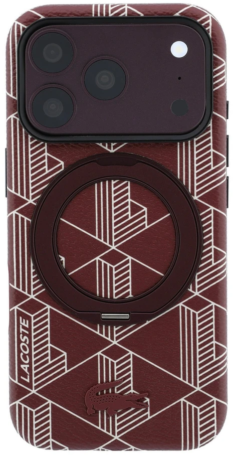 Lacoste PVC pusiau uždengiantis „Blend“ žiedinis stovas MagSafe dėklas, skirtas iPhone 18 Pro Max, bordo spalvos