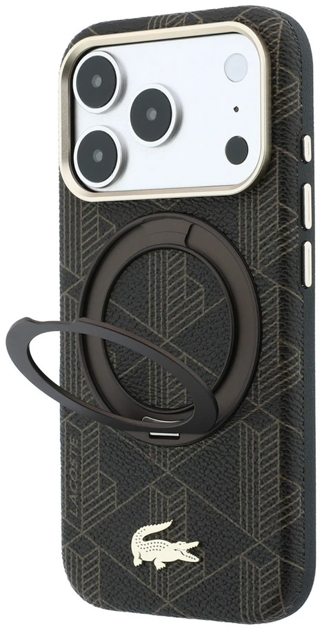 Lacoste PVC pusiau uždengiantis dėklas su žiediniu stovu ir MagSafe funkcija, skirtas iPhone 18 Pro Max, šviesiai auksinės spalvos