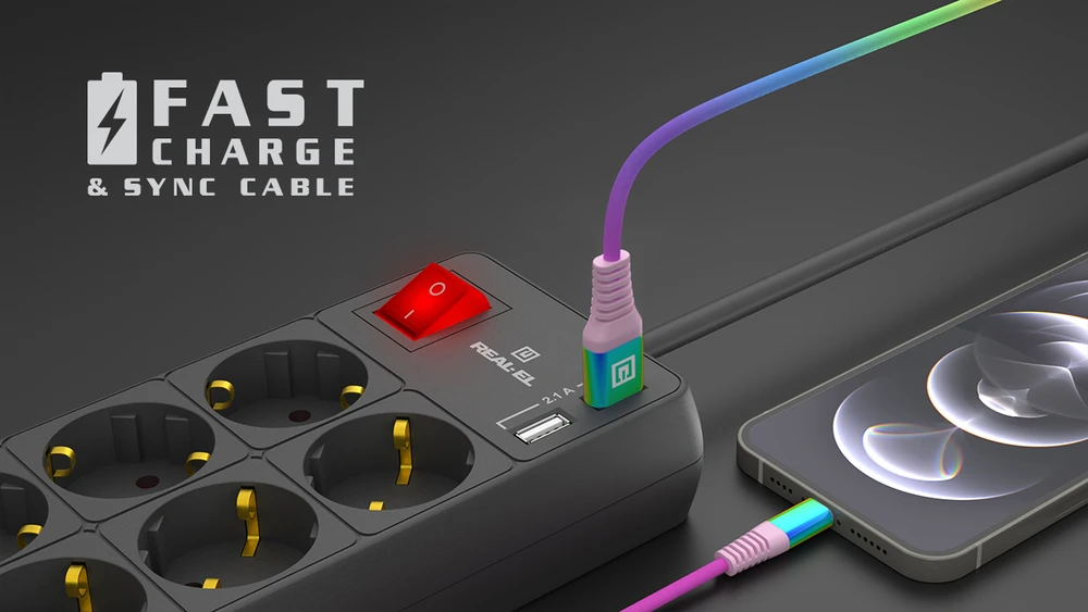 Laidas REAL-EL MFI USB A – Lightning Rainbow 1m, vaivorykštės spalvos
