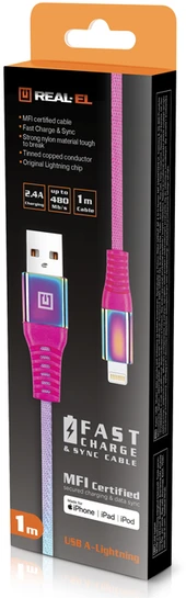Laidas REAL-EL MFI USB A – Lightning Rainbow 1m, vaivorykštės spalvos
