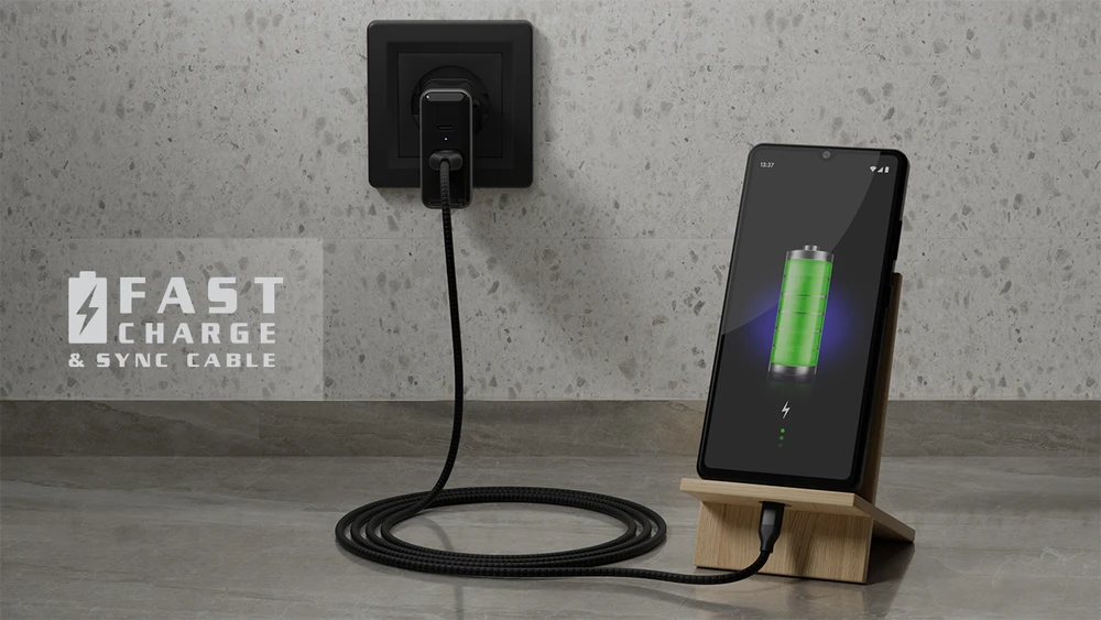 Laidas REAL-EL Premium USB A – C tipo, audinio, juodos spalvos, 2 m, tekstilinis