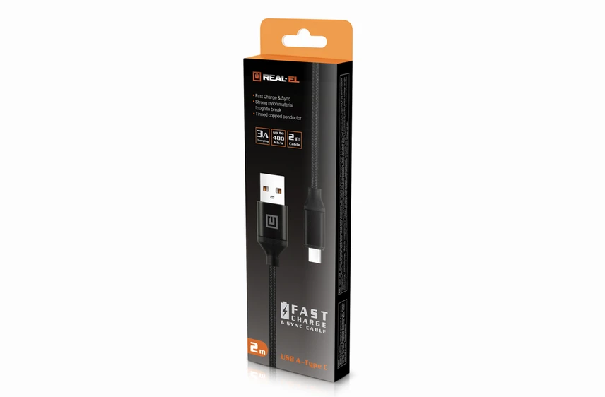 Laidas REAL-EL Premium USB A – C tipo, audinio, juodos spalvos, 2 m, tekstilinis