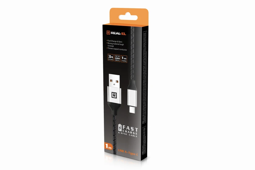 Laidas REAL-EL Premium USB A – C tipo, odinis, juodos spalvos, 1 m, odinis