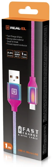 Laidas REAL-EL Premium USB A – Micro USB Rainbow 1m, vaivorykštės spalvos
