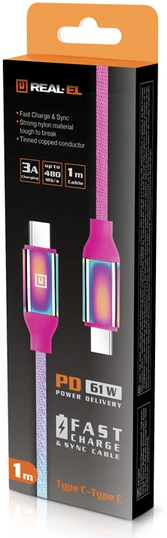 Laidas REAL-EL Premium USB Type-C – Type-C Rainbow 1m, vaivorykštės spalvos