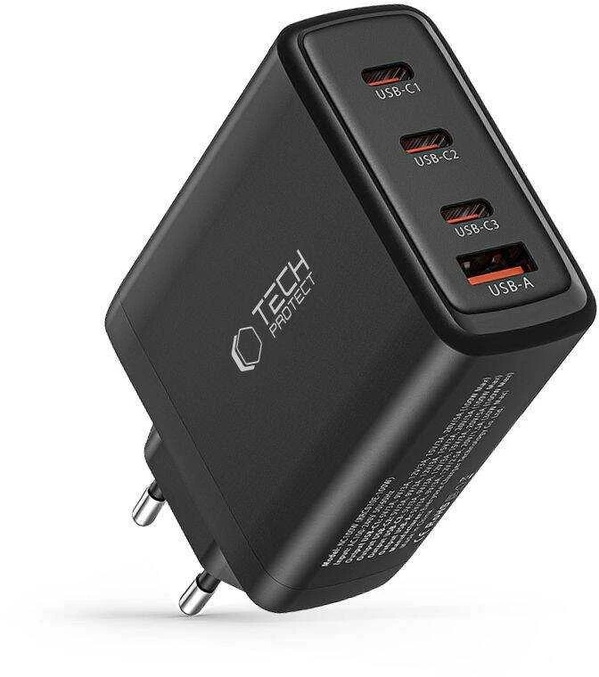 Laidinis įkroviklis 100W 3x USB-C PD + QC3.0 USB Tech-Protect NC100W-GAN juodos spalvos