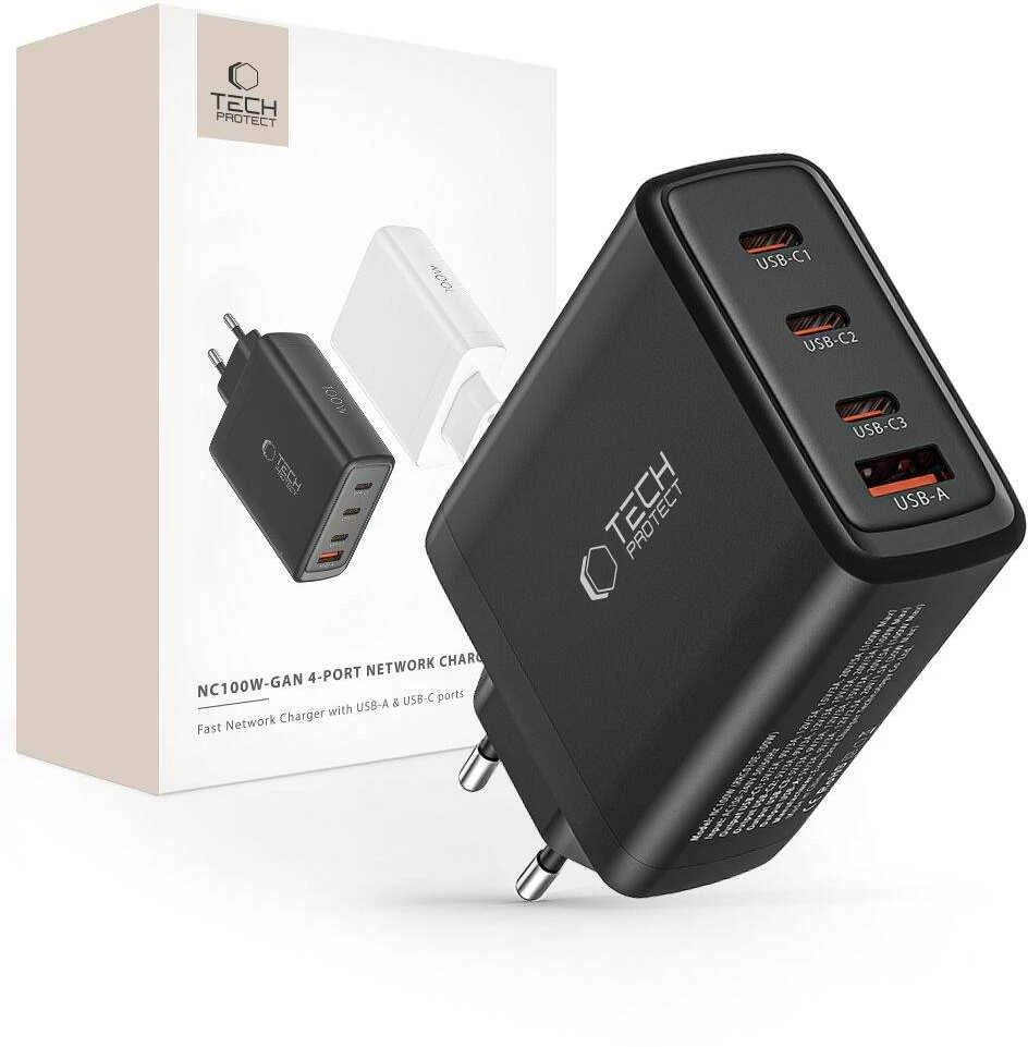 Laidinis įkroviklis 100W 3x USB-C PD + QC3.0 USB Tech-Protect NC100W-GAN juodos spalvos