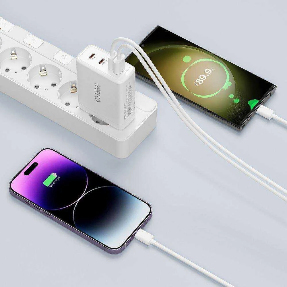 Laidinis įkroviklis 100W 3x USB-C PD + QC3.0 USB Tech-Protect NC100W-GAN baltos spalvos