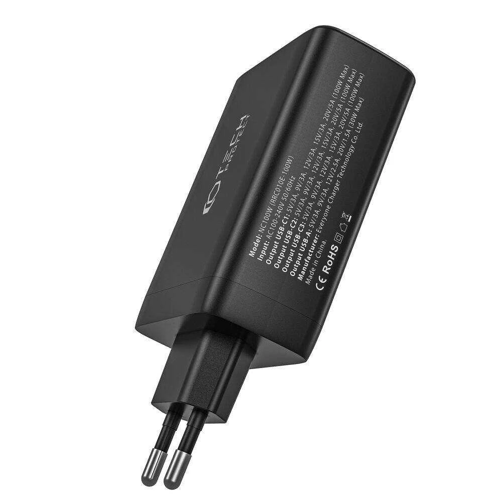 Laidinis įkroviklis 100W 3x USB-C PD + QC3.0 USB Tech-Protect NC100W-GAN baltos spalvos