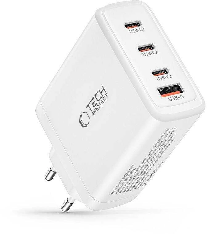 Laidinis įkroviklis 100W 3x USB-C PD + QC3.0 USB Tech-Protect NC100W-GAN baltos spalvos