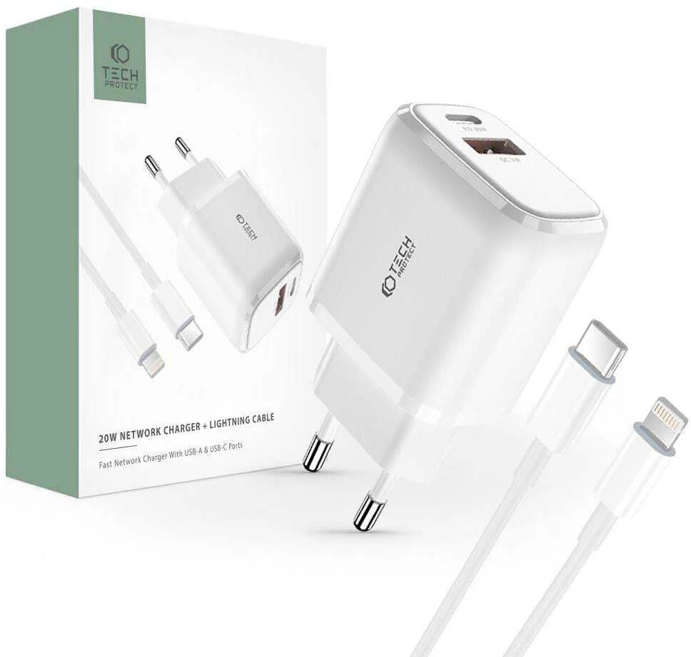 Laidinis įkroviklis 20W USB-C PD + USB QC3.0 + Kabelis 1m USB-C – Lightning Tech-Protect C65W baltos spalvos