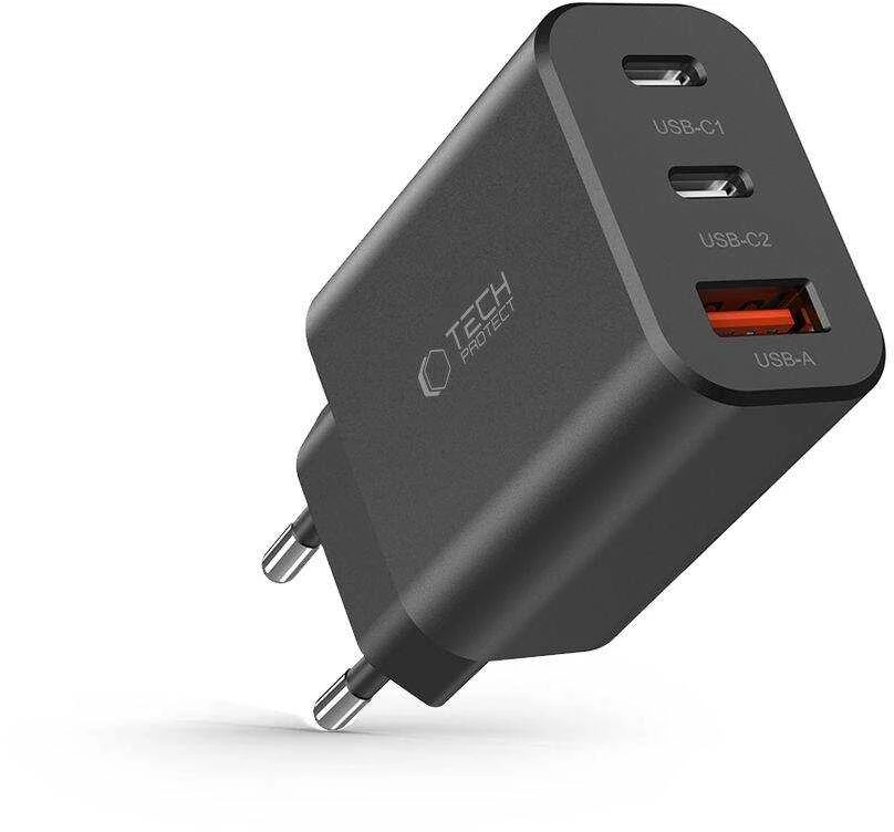 Laidinis įkroviklis 30W 2x PD USB-C + QC3.0 USB Tech-Protect C30W juodos spalvos