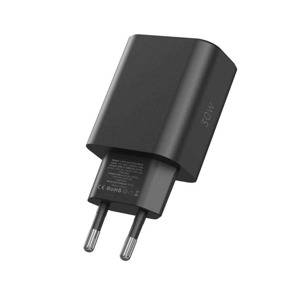 Laidinis įkroviklis 30W 2x PD USB-C + QC3.0 USB Tech-Protect C30W juodos spalvos